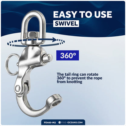 5" Pin Release Snap Shackle with Swivel Eye, AISI316 Stainless Steel, 2-Pack - FO445-M2 - Five Oceans