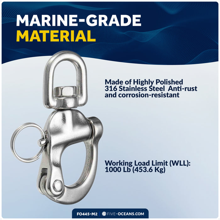 5" Pin Release Snap Shackle with Swivel Eye, AISI316 Stainless Steel, 2-Pack - FO445-M2 - Five Oceans