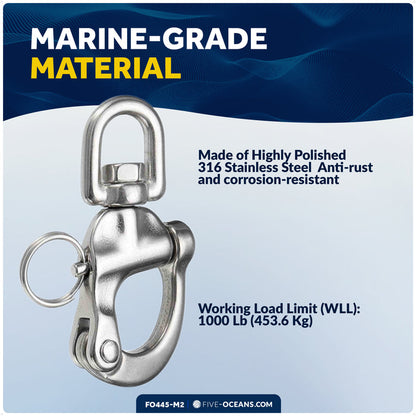 5" Pin Release Snap Shackle with Swivel Eye, AISI316 Stainless Steel, 2-Pack - FO445-M2 - Five Oceans