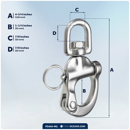 5" Pin Release Snap Shackle with Swivel Eye, AISI316 Stainless Steel, 2-Pack - FO445-M2 - Five Oceans