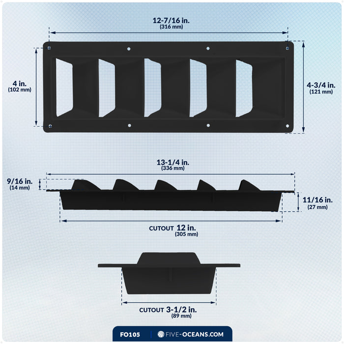 5-Slotted Louvered Ventilators, 13-1/4" x  4-3/4", Black - FO105 - Five Oceans