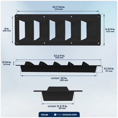 5-Slotted Louvered Ventilators, 13-1/4" x  4-3/4", Black - FO105 - Five Oceans