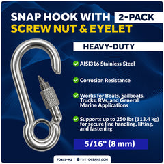 5/16" Snap Hook with Screw Nut & Eyelet, AISI316 Stainless Steel, 2-Pack