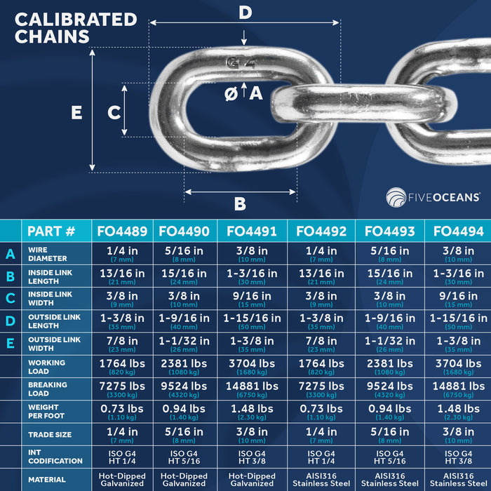 Anchor Chain 5/16" x 15' with 2 Shackles, HT G4 Stainless Steel - FO4493-S15 - Five Oceans