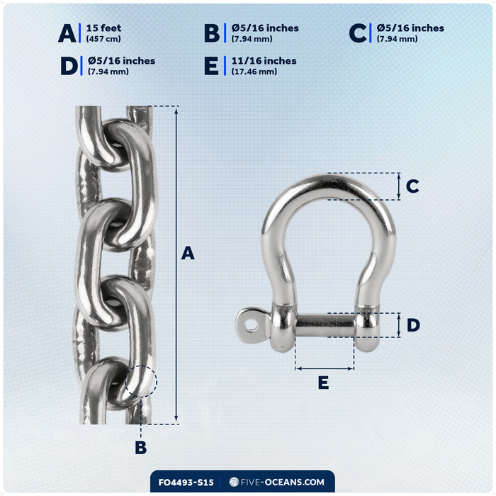 Anchor Chain 5/16" x 15' with 2 Shackles, HT G4 Stainless Steel - FO4493-S15 - Five Oceans
