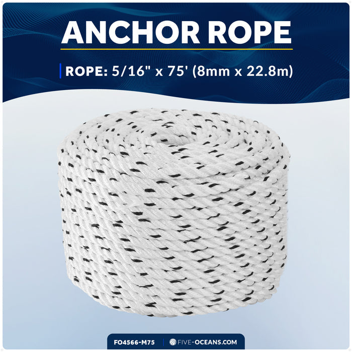 5/16" x 75' Premium 3-Strand Nylon Line, White with Black Tracer - FO4566-M75 - Five Oceans