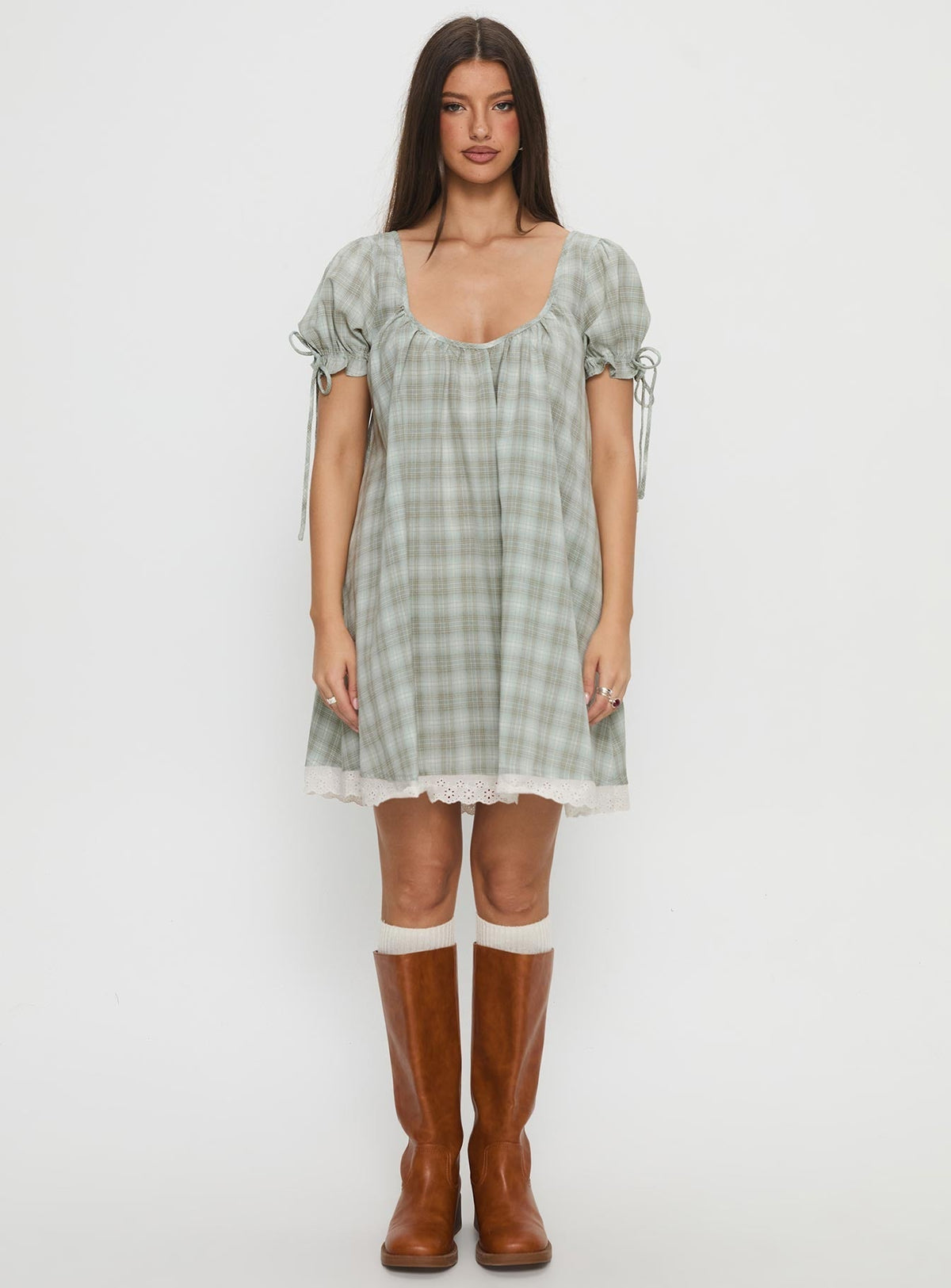Embracing Puff Sleeve Swing Mini Dress Blue Check