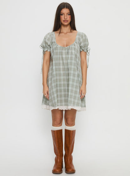 Embracing Puff Sleeve Swing Mini Dress Blue Check