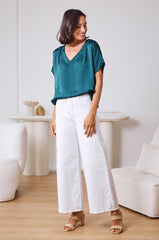 Bianca Short Sleeve Top Forest Green with V Neck