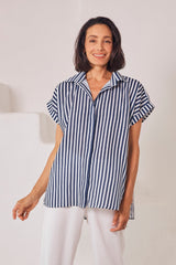 Clem Cotton Striped Top Navy and White