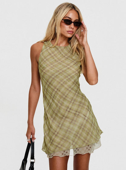 Buffie Shoulder Mini Dress Green Check
