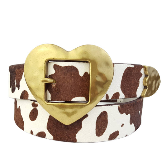 Vintage Love Heart Buckle w Cow Hair Leather Belt