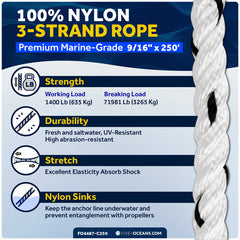 9/16" x 250' Premium 3-Strand Nylon Anchor Line - FO4487-C250 - Five Oceans