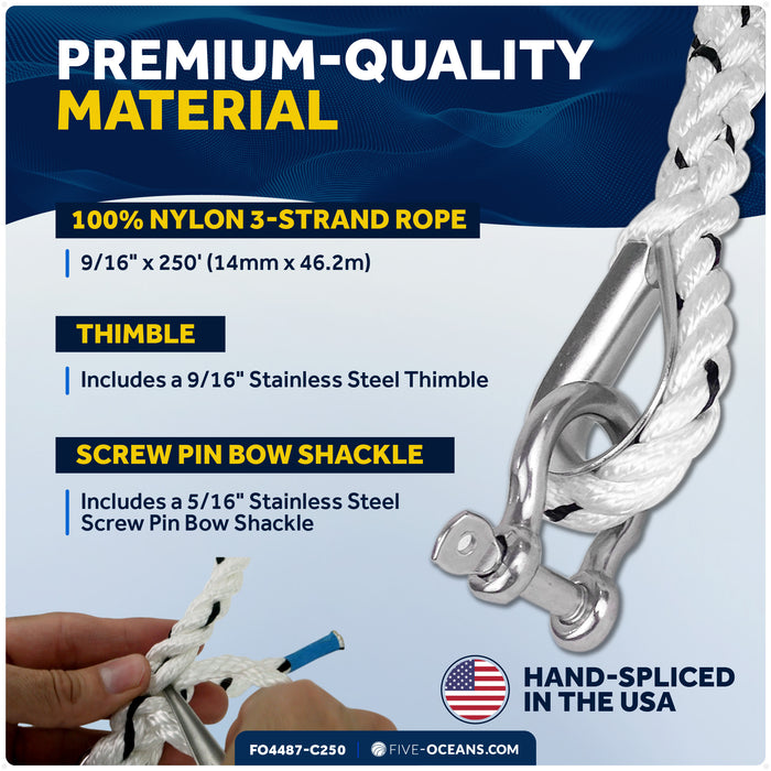 9/16" x 250' Premium 3-Strand Nylon Anchor Line - FO4487-C250 - Five Oceans