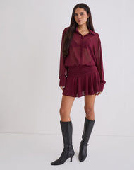 Azphira Long Sleeve Button Up Playsuit in Burgundy