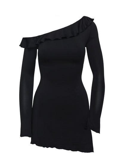 Bewitched Long Sleeve One Shoulder Mini Dress Black