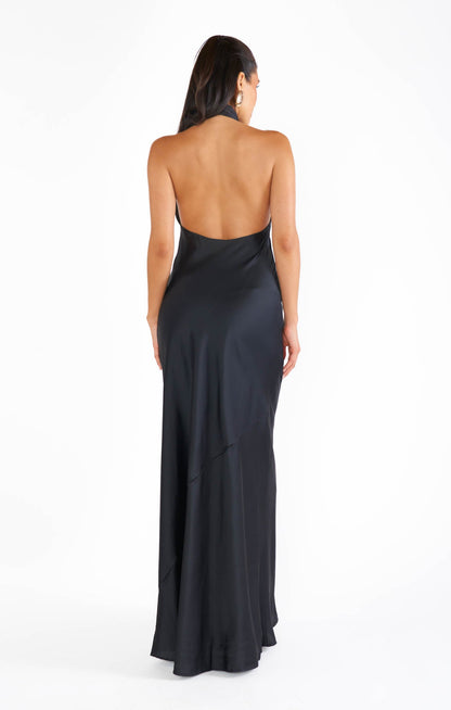 Jasmine Halter Maxi Dress ~ Black Luxe Satin