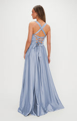 Abigail Maxi Dress ~ Steel Blue Luxe Satin