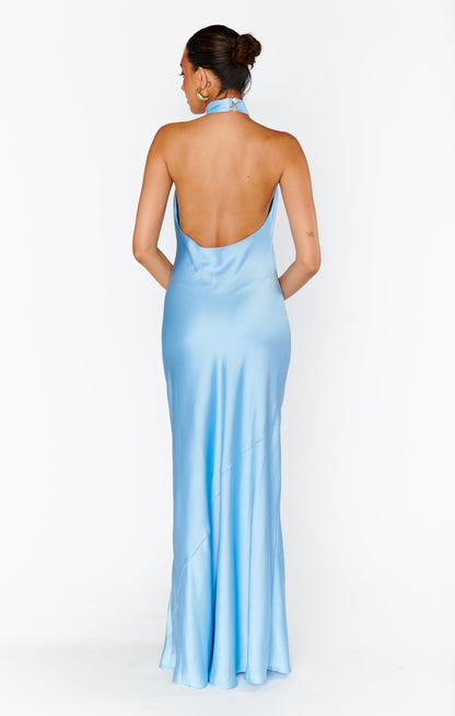 Jasmine Halter Maxi Dress ~ Baby Blue Luxe Satin