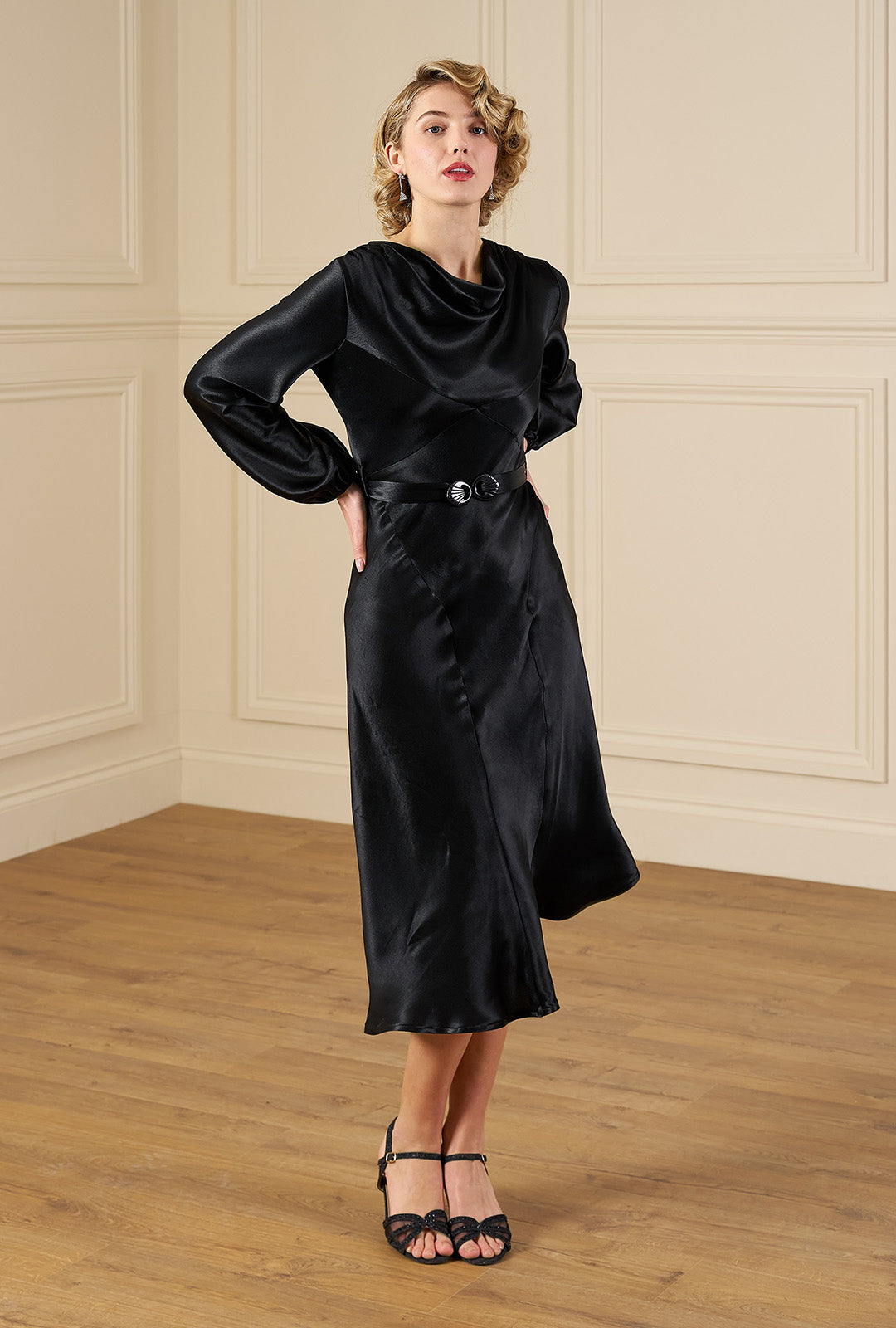 1930s Joanie Bias Cut Dress - Ebony Satin