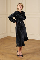 1930s Joanie Bias Cut Dress - Ebony Satin