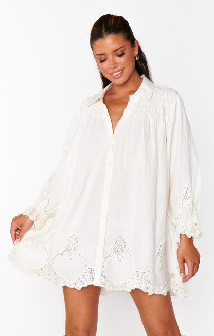 Leona Mini Dress ~ White Lace Embroidery