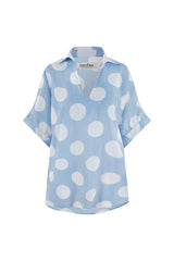 Tammy Short Sleeve Collared Top in Blue Striped and Polka Dots