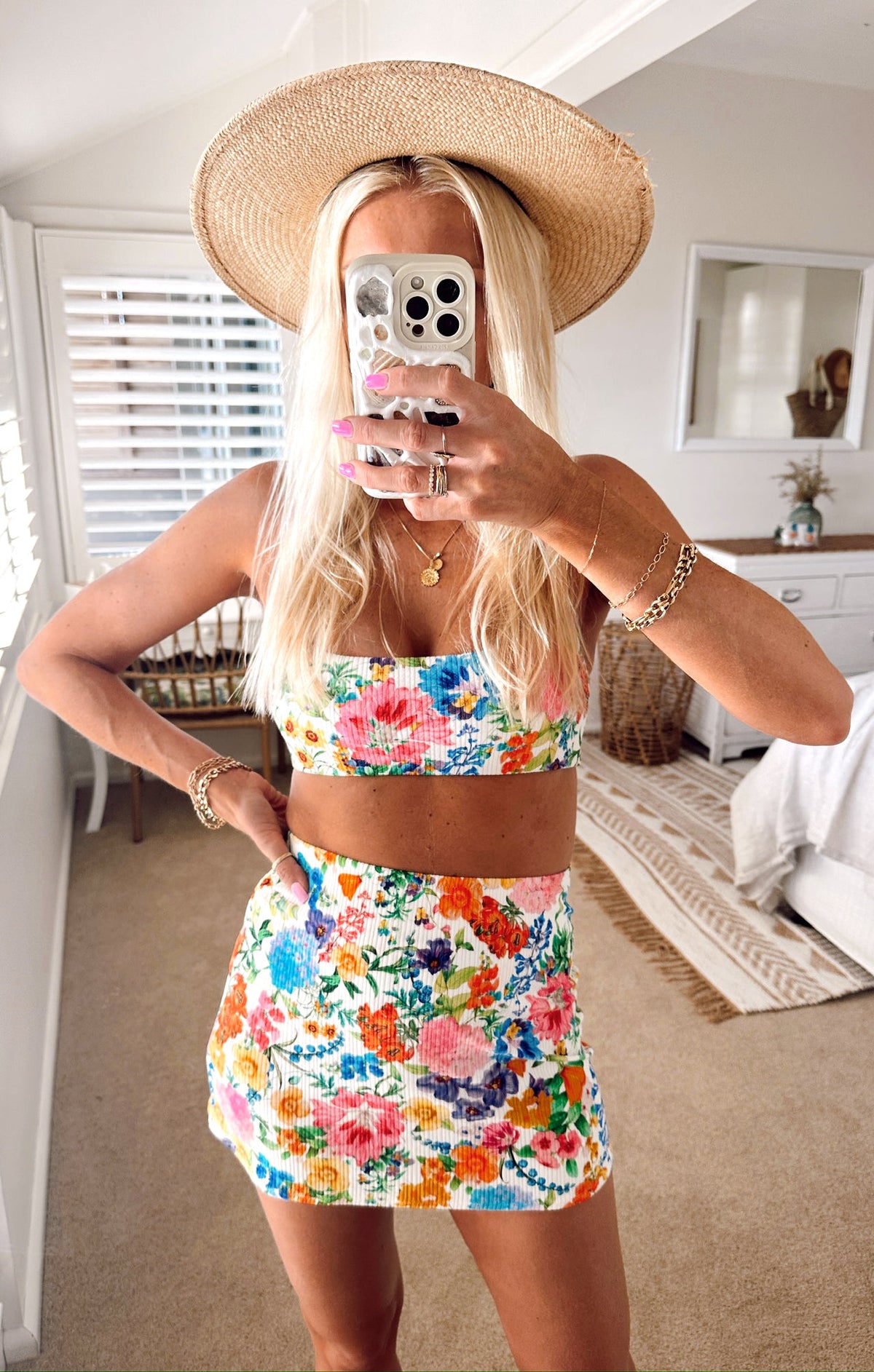 Mary Mini Skirt ~ Ivory Botanical Rib Scrunch