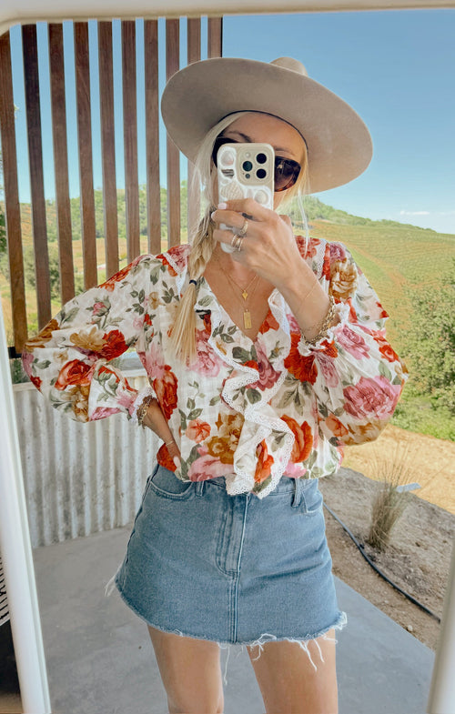 Lydia Ruffle Top ~ Ivory Hillside Floral