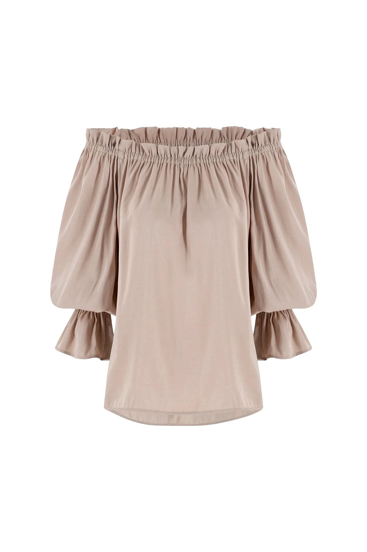 Vittoria Frill Trim Off Shoulder Long Sleeve Top Taupe