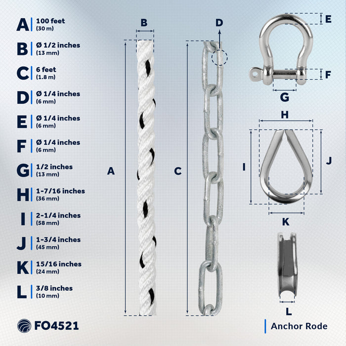 Anchor Rode, 1/2" x 100' Rope with 1/4" x 6' Galvanized Chain - FO4521 - Five Oceans