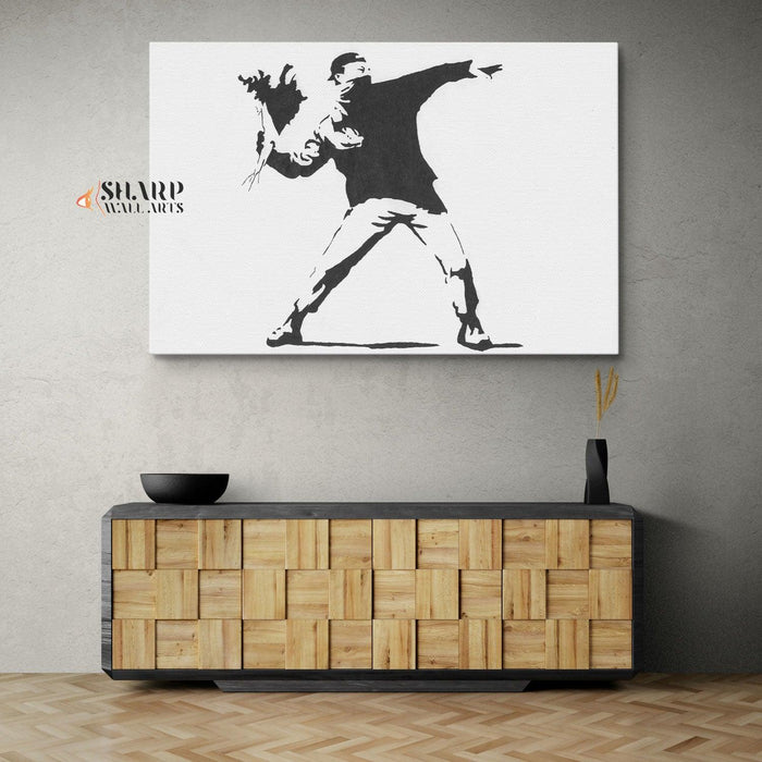 Banksy - Flower Thrower (Love Is In The Air) Canvas Wall Art - SharpWallArts