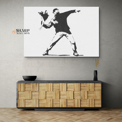 Banksy - Flower Thrower (Love Is In The Air) Canvas Wall Art - SharpWallArts