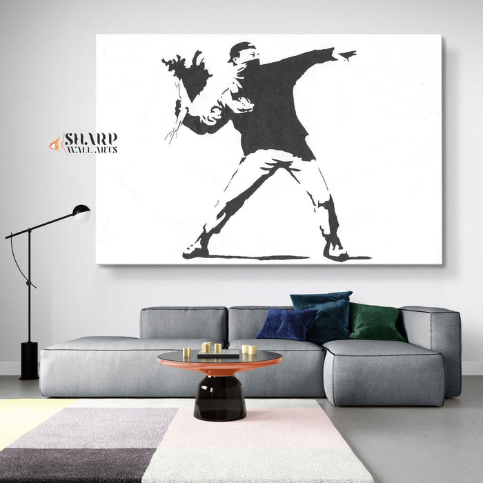 Banksy - Flower Thrower (Love Is In The Air) Canvas Wall Art - SharpWallArts
