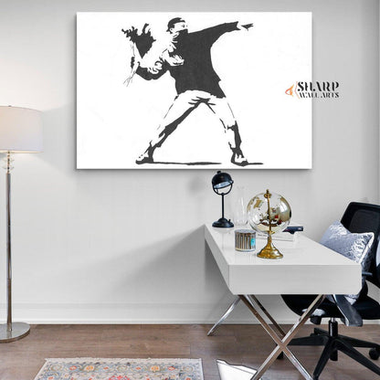 Banksy - Flower Thrower (Love Is In The Air) Canvas Wall Art - SharpWallArts