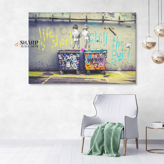 Banksy - Peeing Boys Life Is Short Chill The Duck Out Wall Art Canvas - SharpWallArts