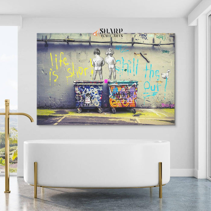 Banksy - Peeing Boys Life Is Short Chill The Duck Out Wall Art Canvas - SharpWallArts