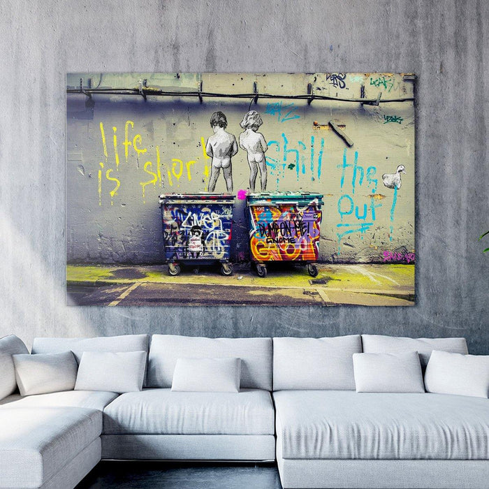 Banksy - Peeing Boys Life Is Short Chill The Duck Out Wall Art Canvas - SharpWallArts