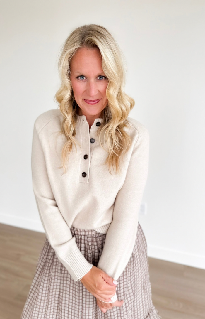 Beige 1/2 Button Long Sleeve Sweater