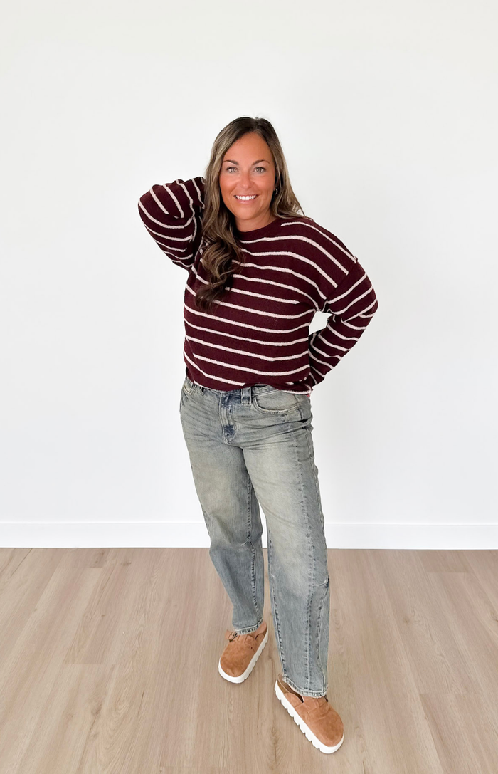 Burgundy Textured Knit Striped Sweater