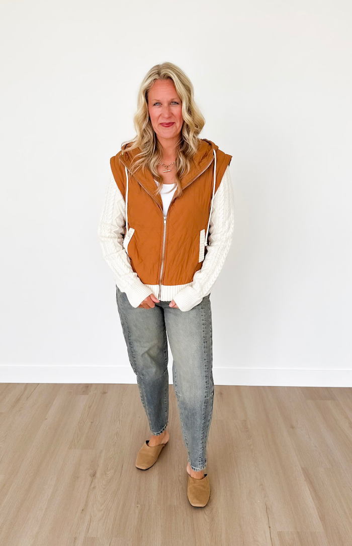 Camel Zip Up Vest with Sweater Sleeves