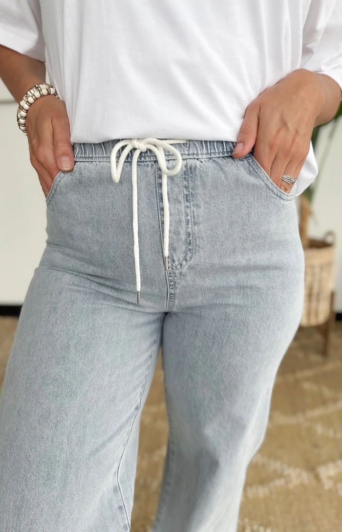 Chelsey Drawstring Wide Leg Denim Pants