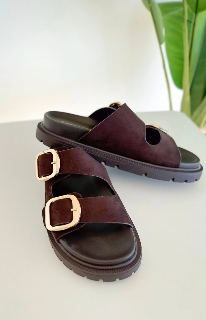 Chocolate Double Strap Suede Slide Sandal
