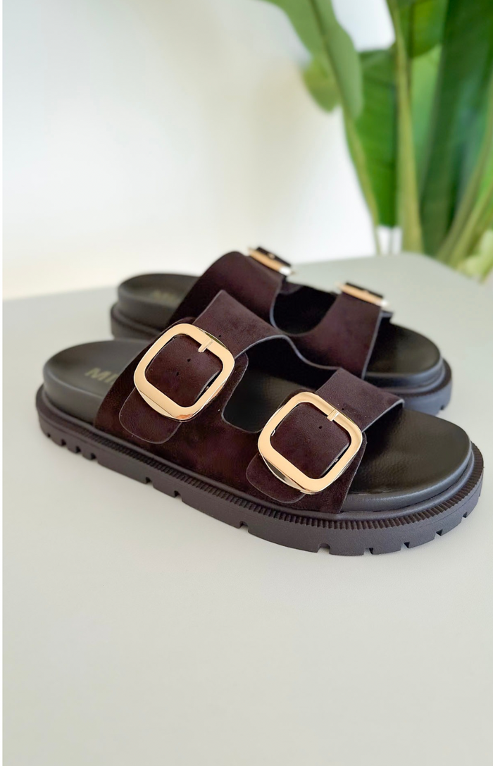 Chocolate Double Strap Suede Slide Sandal