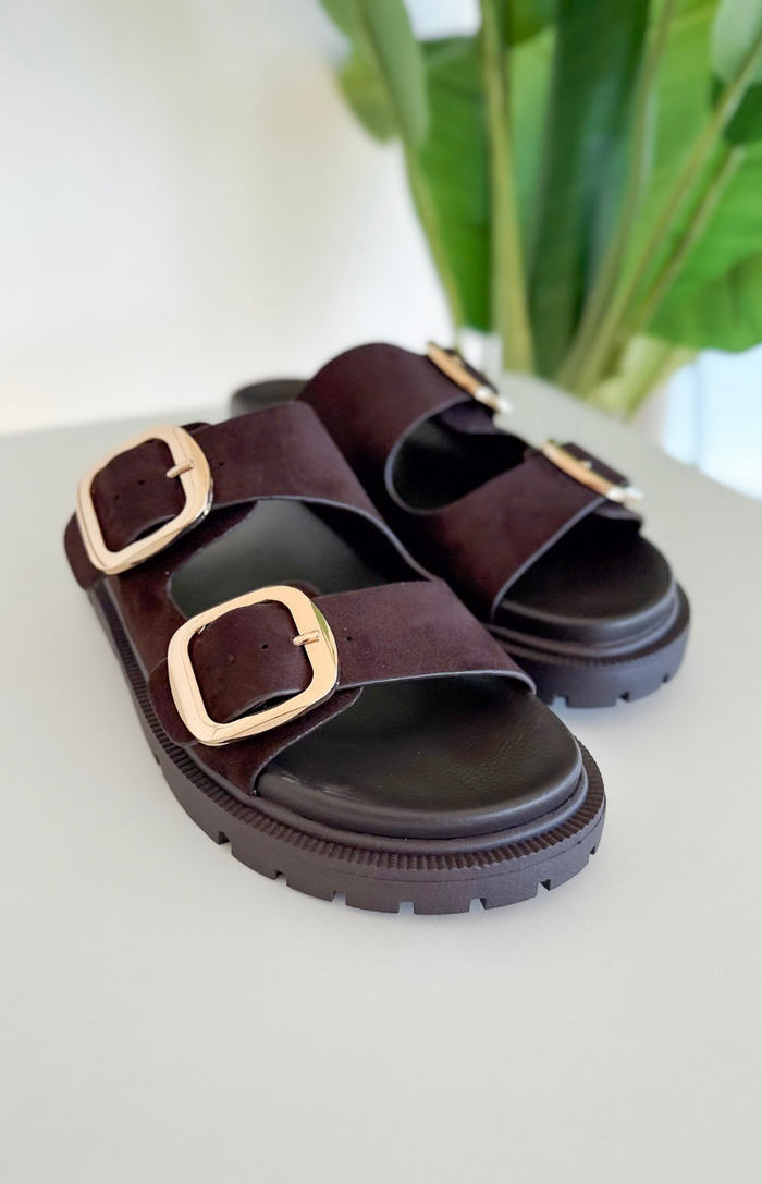 Chocolate Double Strap Suede Slide Sandal
