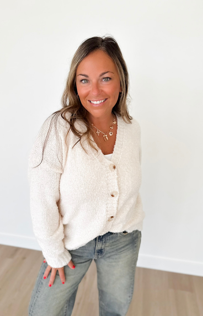 Cream Button Down V-Neck Cardigan