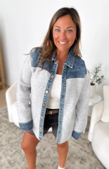 Denim Mixed Sweater Button Shacket