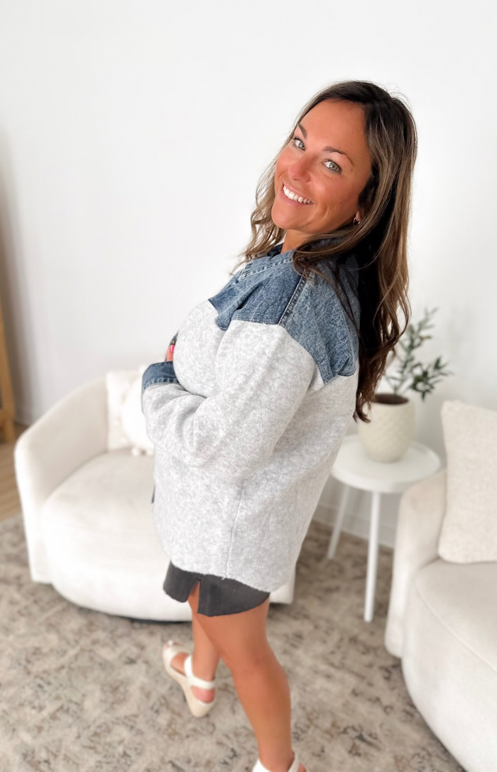 Denim Mixed Sweater Button Shacket