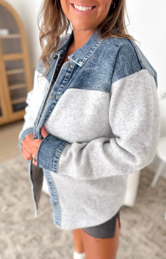 Denim Mixed Sweater Button Shacket