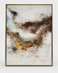 Earth-tone organic abstract canvas in a gold float frame